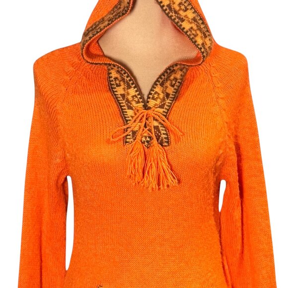 VTG 100% Alpaca Hooded Fringe Sweater Sz.S Orange Cabin Aztec Western Cowgirl - Picture 5 of 14